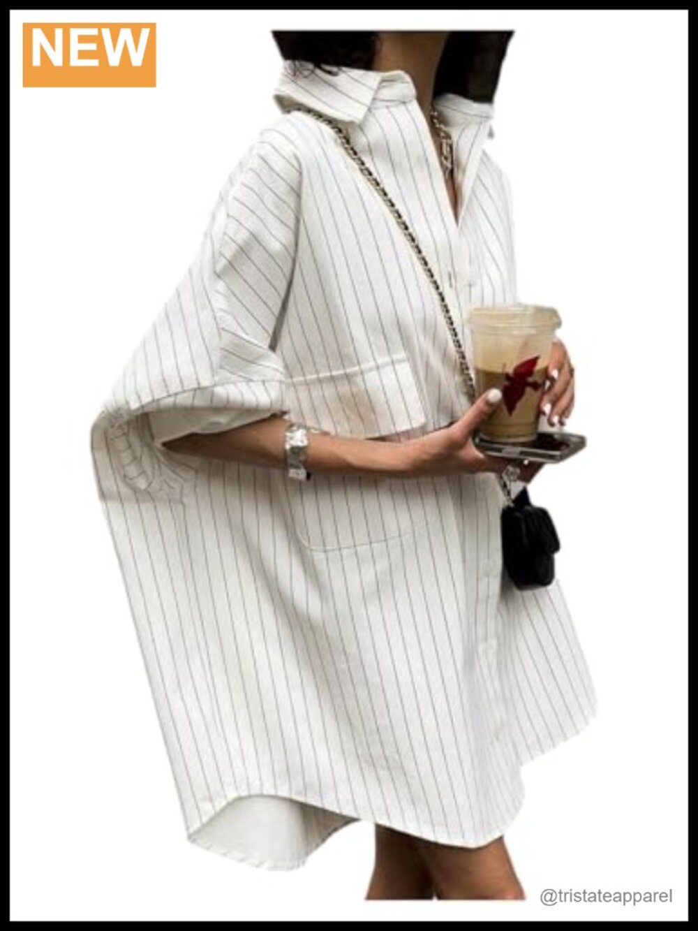 Women's Oversized Striped Button Down Shirt Dress Long Sleeve V-Neck Blouse